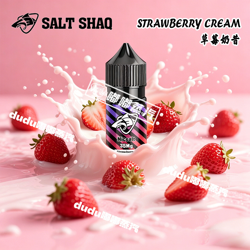 SALT SHAQ鯊克草莓奶昔丁鹽電子煙菸油，30ml大容量装，甄选优质原料调配。入口是浓郁草莓果香融合丝滑奶香，丁盐配方击喉感柔和舒适，适配各类小烟设备。烟油纯净度高，口感醇厚不刺激，为电子烟爱好者带来清甜解瘾的体验，是日常替烟、缓解烟瘾的理想选择。